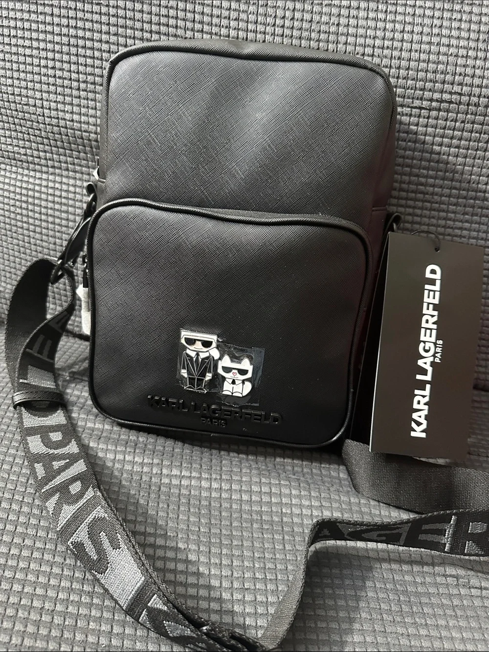 Karl Lagerfeld Black Textured Messenger Crossbody with Character Patch